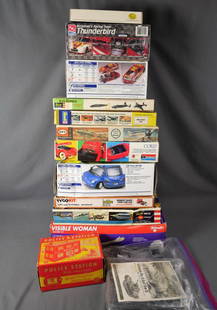 Vintage Plastic Model Kits- Planes, Cars, Visible: Vintage Plastic Model Kits- Planes, Cars, Visible Woman, etc.. Some might be partially assembled, boxes show storage wear.