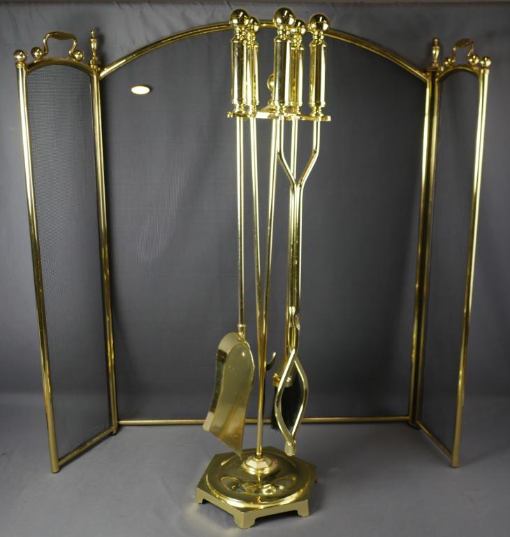 Century Fireplace Screen & Tool Set: Century Fireplace Screen & Brass Finish Tool Set. All are in good condition.