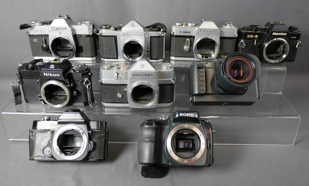 Group of Vintage Cameras- Canon, Nikon, Konica: Lot of Vintage Cameras- mostly bodies only. All are untested, as found.