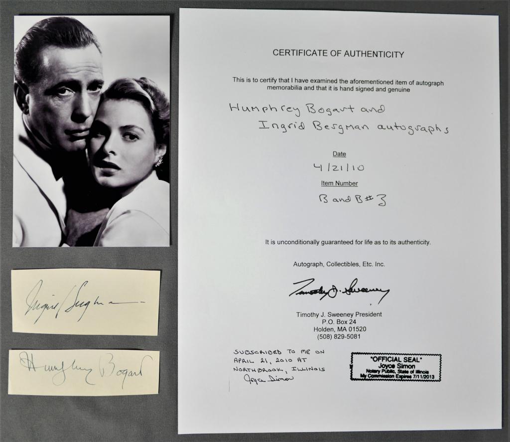 Humphrey Bogart & Ingrid Bergman Autographs w/ COA: Humphrey Bogart & Ingrid Bergman Autographs/ Signature Cuts. Come with Certificate of Authenticity. Condition: Good. We truly believe that this item is authentic, but Esquis Auctions does not have spe