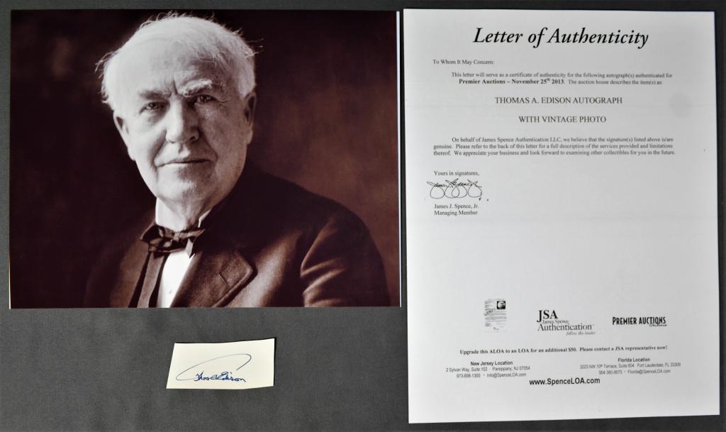 Thomas A. Edison Autograph/ Signature w/ COA: Thomas A. Edison Signature Cut with 8" x 10" Photograph. Comes with Certificate of Authenticity. Condition: Good. We truly believe that this item is authentic, but Esquis Auctions does not have specia