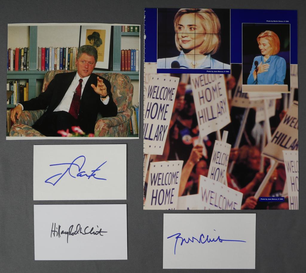 President Bill Clinton & Jimmy Carter Autographs: President Bill Clinton, President Jimmy Carter and Hillary Clinton Autographs on index cards. Come with Certificate of Authenticity. Condition: Good. We truly believe that this item is authentic, but 