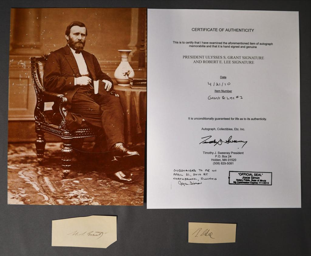 President Ulysses Grant & Robert E. Lee Signature: President Ulysses Grant and Robert E. Lee Signature Cuts. Come with Certificate of Authenticity. Condition: Good. We truly believe that this item is authentic, but Esquis Auctions does not have specia