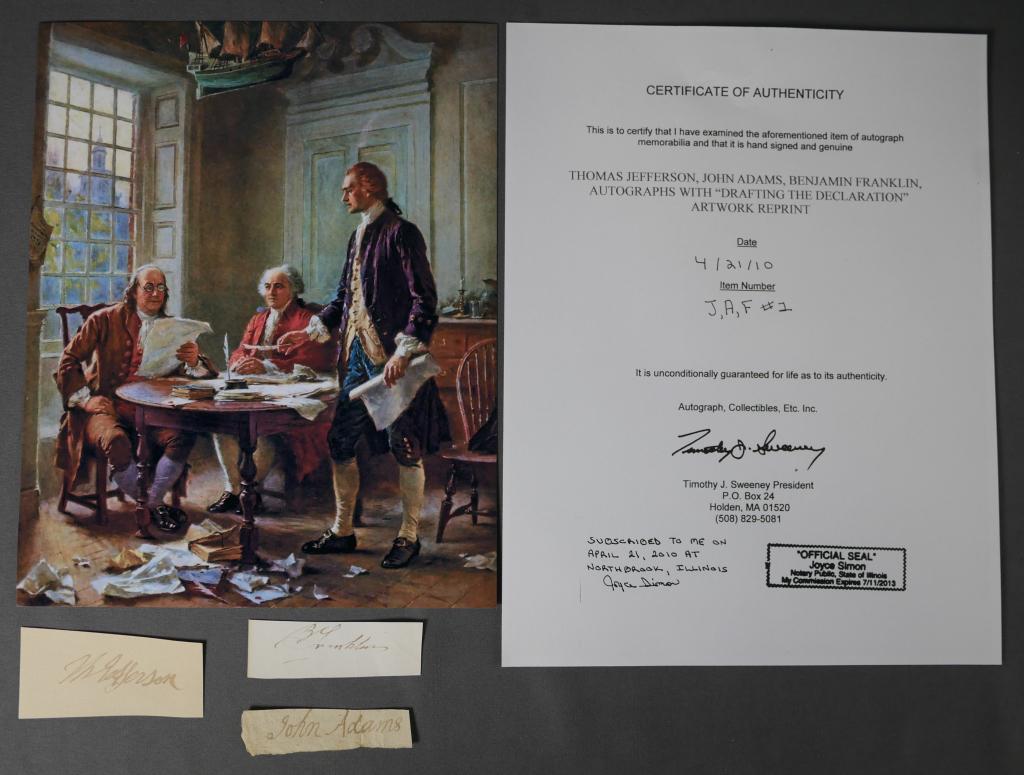 Thomas Jefferson, Adams, Franklin Autographs: Thomas Jefferson, John Adams, Benjamin Franklin Autographs/ Signature Cuts. Come with Certificate of Authenticity. Condition: Good. We truly believe that this item is authentic, but Esquis Auctions do