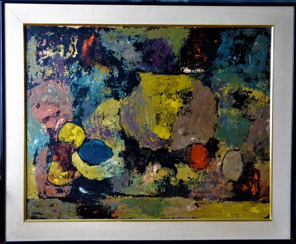 Frank Barry MCM Mid Century Still Life Painting: Frank Barry (1913-2013, American). Original Mid Century Still Life Oil on Masonite Painting. Signed lower right corner. Measures 33" x 27" framed. Good Condition.