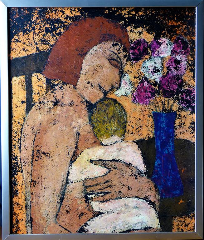 Frank Barry MCM Modern Mother & Child Painting: Frank Barry (1913-2013, American). Original Oil on Masonite Paintig of Mother and Child. Signed lower right corner. Measures 21" x 25" framed. Good Condition.