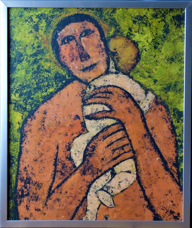 Frank Barry Mid Century Father & Child Painting: Frank Barry (1913-2013, American). Original Oil on Masonite Paintig of Father and Child. Signed lower right corner. Measures 21" x 25" framed. Good Condition.