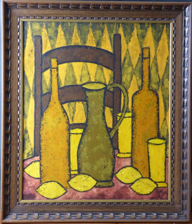 Frank Barry MCM Mid Century Still Life Painting: Frank Barry (1913-2013, American). Original Mid Century Still Life Oil on Masonite Painting. Signed lower right corner. Measures 25" x 29" framed. Good Condition.