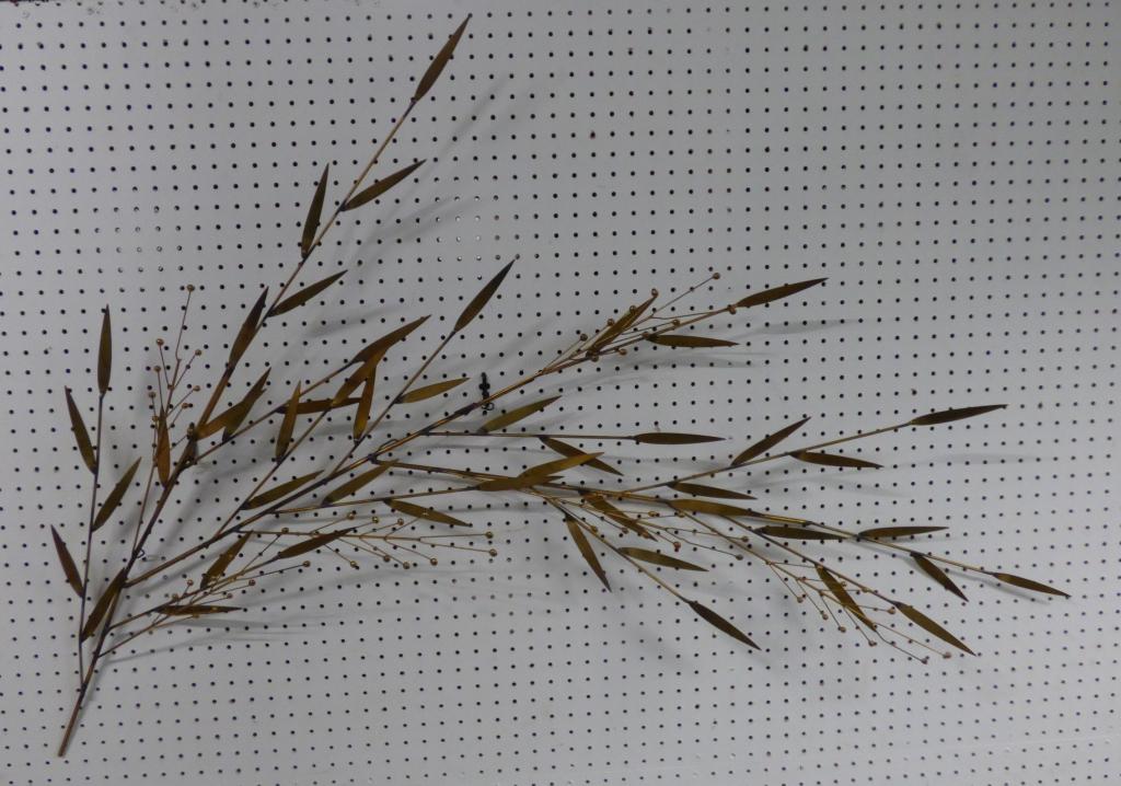 Curtis C. Jere Brass Branch Leaf Berry Sculpture: Curtis Jere (1910-2008, American). Brass Branch Leaf Berry Wall Sculpture. Signed and dated 1979. Measure 56" x 35" x 8". Appears to be in good overall condition.