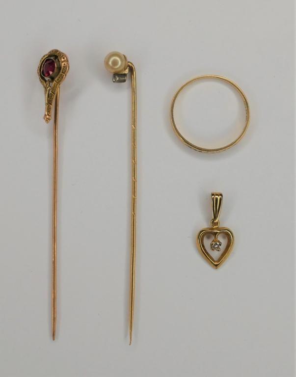 14k & 10k Gold Jewelry- Pins, Ring, Heart Pendant: Gold Jewelry. 10k & 14k Hat Pins with Ruby Stone and Pearl 9one is unmarked- acid tested); 14k Heart Pendant with diamond; 10k Ring (size 7) with small diamonds. All are in good condition.