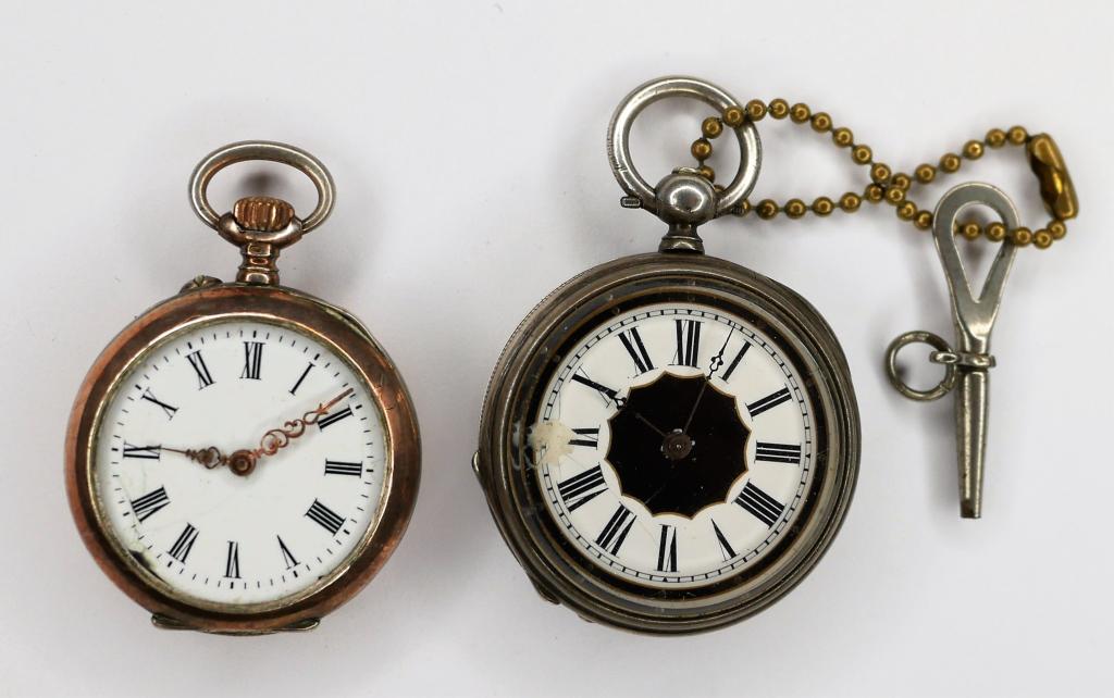 Two Antique Silver Ladies Pocket Watches- Cylinder: Lot of two antique ladies pocket watches. One is Cylinder 8 Jewels in fine Silver Case- winds up and running, minor enamel dial damage. Second is Friede Pocket Watch with .800 Silver case- no glass, n