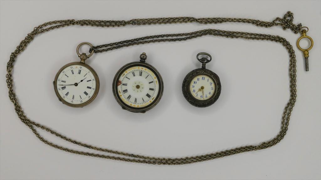 3 Antique Sterling Silver Ladies Pocket Watches: 3 Antique Ladies Pocket Watches. First is 8 Jewels .800 Silver Case Pocket Watch with 60" chain. Second is .935 Silver Pocket Watch. Third is Sterling Case Pocket Watch. All are in as found condition-