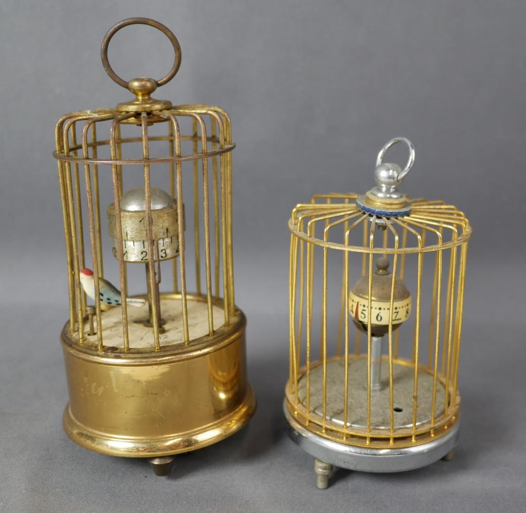 Two Vintage Bird Cage Desk Clocks- Kaiser: Two Vintage Bird Cage Desk Clocks. One is by Kaiser, Germany- good working condition, minor tarnish, missing one foot, requires some cleaning. Second is Japanese Made- not running. Measure 5"- 4 1/2" 