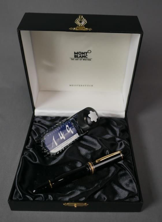 Montblanc Black Meisterstuck 149 Fountain Pen: Deep black precious resin with gold-coated details, surmounted by the white star emblem and finished with a handcrafted Au 750 gold nib, evolves into Montblancâ€™s design icon. Original Box with 