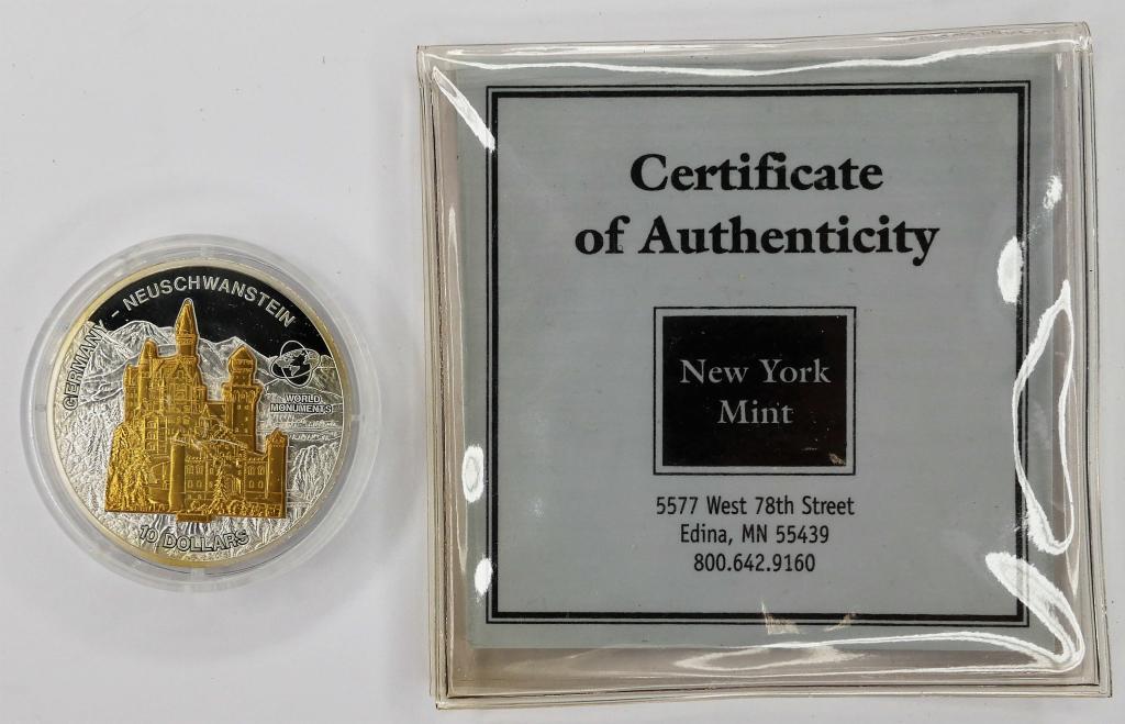 2006 Cook Islands 10 Dollars .999 Silver Coin: 2006 Cook Islands 10 Dollars .999 Silver Coin with Gold Plated Castle- World Monuments - Neuschwanstein, Germany.Limited Edition- #1546 out of 5000. Weight-31.1g. Proof Uncirculated with COA.