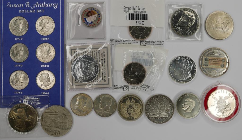 US & World Coins- Franklin & Kennedy Silver Halves: Lot of Coins. Susan B. Anthony Dollar Set; 1999 Susan B. Anthony Colorized Dollar; 1962 Dranklin Silver Half Dollar; 1967 Kennedy Silver Half Dollar; Uncirculated 2003 P&D Kenendy Jalves; Morgan Dolla