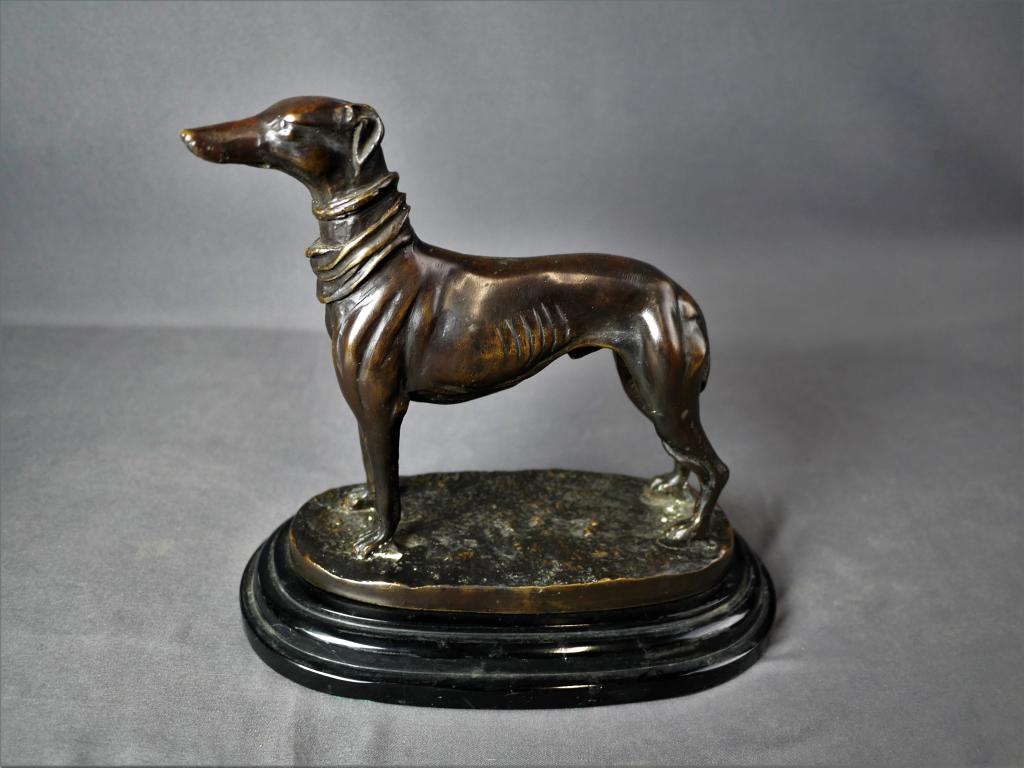 Pierre Jules Mene Bronze Greyhound Sculpture: Pierre Jules Mene (1810-1879, France). Bronze Greyhound Whippet Sculpture on Marble Base. Measures 9 1/2" x 5' x 9". Good Condition.