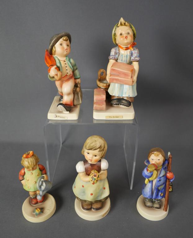 Hummel Goebel Porcelain Figurines- Lot of 5: Group of 5 Hummel Goebel Figurines- For Mother 257, Teh Builder 305, Merry Wandered 11/0, Little Gardener 74 and Hear Ye Hear Ye 15 2/0. All are in good condition.