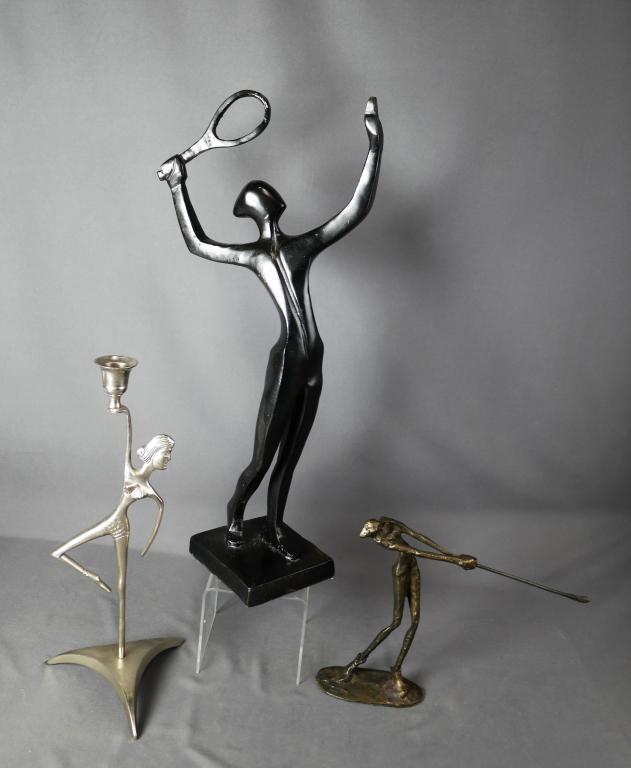 Modernist Metal/ Bronze Sport Sculptures: Modernist Metal/ Bronze Sport Sculptures- Metal Tennis Player, Bronze Golfer, Metal Dancer Candlestick. Measure 18 1/2" -10" tall. Good Condition.
