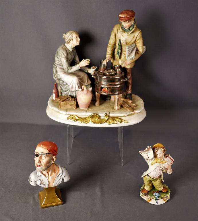 Capodimonte Italian Figurines- Pirate Bust, Newspa: Group of Figurines- Capodimonte Pirate Bust, Capodimonte Newspaper Boy and Capodimonte Style Homco Large Figurine of boy and lady by the stowe. Largest piece is 12" x 11" x 6 1/2". Good Condition.