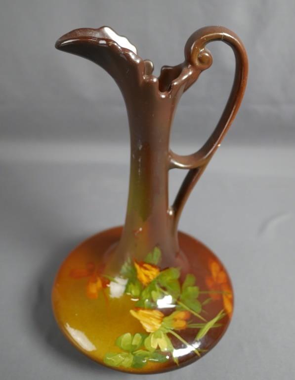 Roseville Rozale Ware Rozan Royal Ewer- Signed: Roseville Rozale Ware Rozan Royal Ewer. Hand painted by artist. Virginia Adams. Measures 11 1/2" tall. Condition: has repair to handle