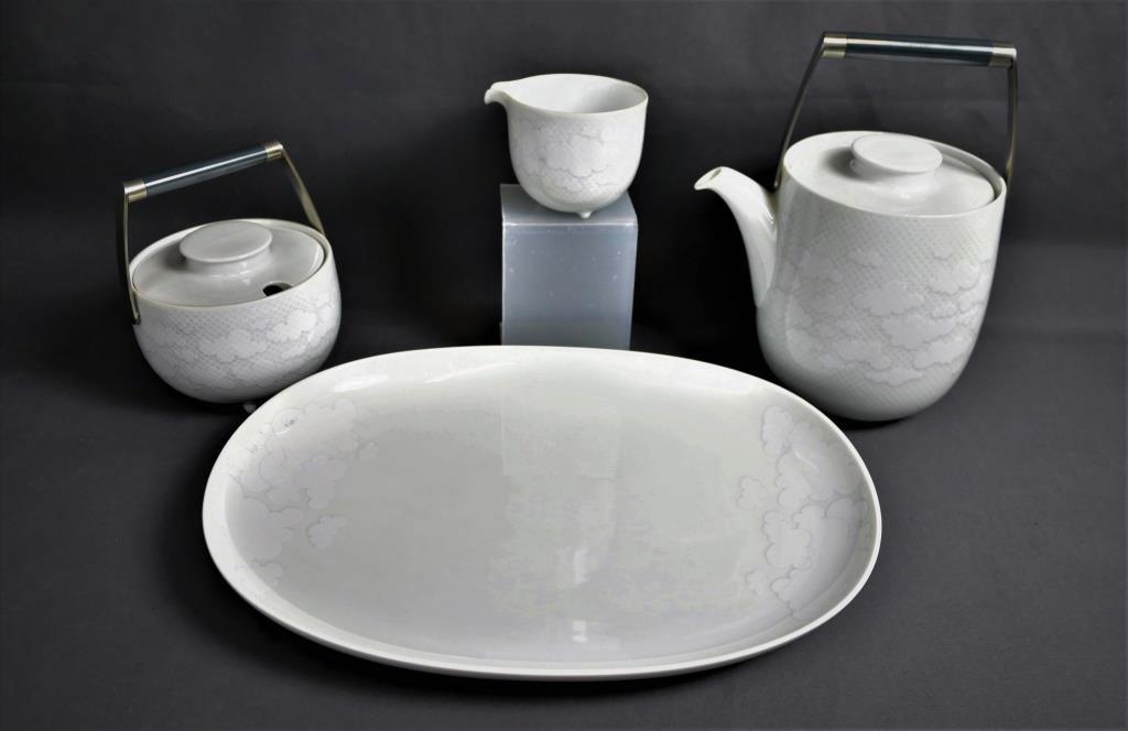 Rosenthal- Ruth Bryk Century Cumulus Tea Set: Rosenthal Studios Line Century Cumulus Tea Set by Artist Ruth Bryk. Comes with 13" x 9 1/2" platter; 9" tall Tea Pot, Sugar Bowl and Creamer. Comes with original 1988 receipt for $459. Good overall co