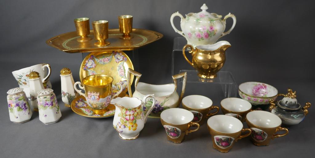 Fine China Assortment- Capodimonte Cups, 24k Gold: Group of Fine China including 1950's Italian Capodimonte Cup and two Saucers, 24k Gold Incrusted Platinum Tray with Thumblers; Sterling China Partial Coffee Set; Royal Albert Creamer and Sugar Bowl, e