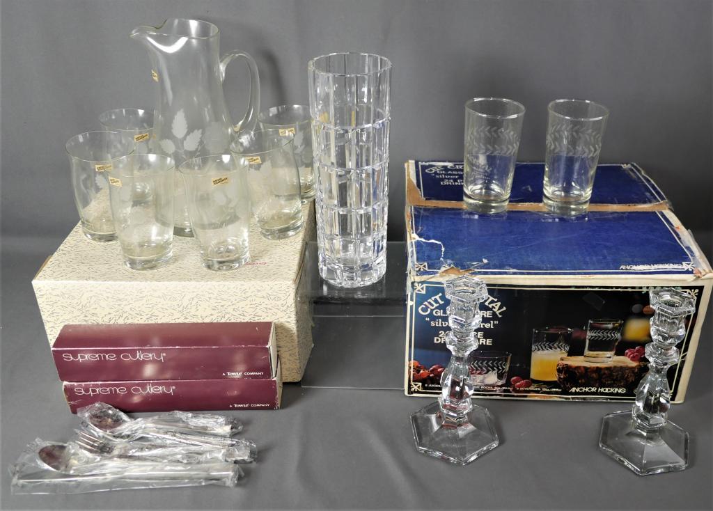 Vintage Silver Laurel Cut Glass Set, Silverware, P: Anchor Hocking "Silver Laurel" 24 pcs Cut Glass Set in original Box; Vintage Romanian Glass Pitcher with Glasses; Crystal Candleholders; Vintage Anna Hurte Crystal German Vase; two Sets of Vintage Tow
