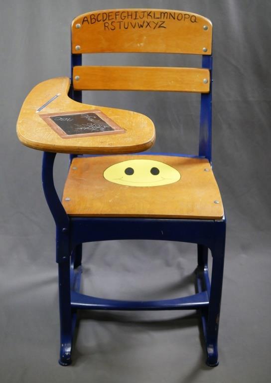 Student School Chair w/ Pad Arm Hand Paint: Vintage Student School Chair with side Pad Arm. Hand Painted by artist- Edwards. Measures 31' x 27" x 19". Condition: Good, normal age related wear.