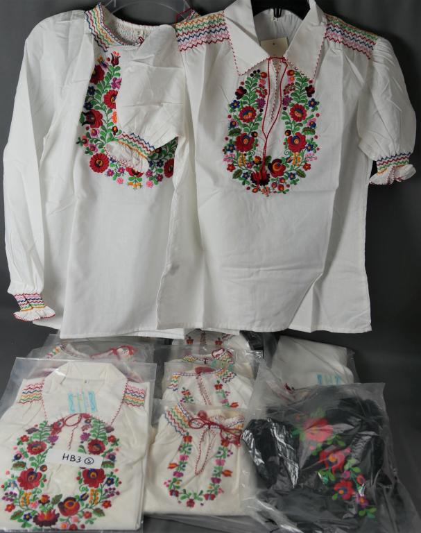 Kalocsa Hungarian Folk Embroidered Shirts, Table R: Hungarian Kalocsa Traditional Folk Embroidered Shirts and Table Runners. 6 Ladies Blouses, 4 Kids Shirts and 2 Table Runners. All New