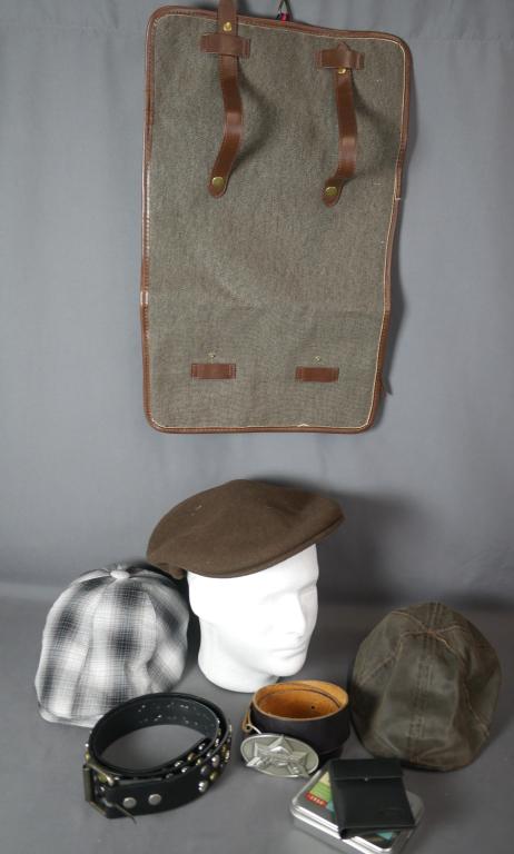 Vintage Kangol & Stetson Hats, Harley Davidson Bel: Vintage Kangol & Stetson Hats, Harley Davidson Belt with massive Buckle, Scull Belt, Fossil Mens Wallet, Travel Bag. All in good condition.