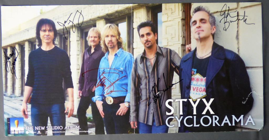 Styx "Cyclorama" Crew Signed/ Autographed Booklet: Styx "Cyclorama" Crew Signed/ Autographed Booklet . Signed by Chuck Panozzo, James "J.Y." Young, Tommy Shaw, Todd Sucherman, Glen Burtnik. Has minor rip at hte back. No COA. We truly believe that this