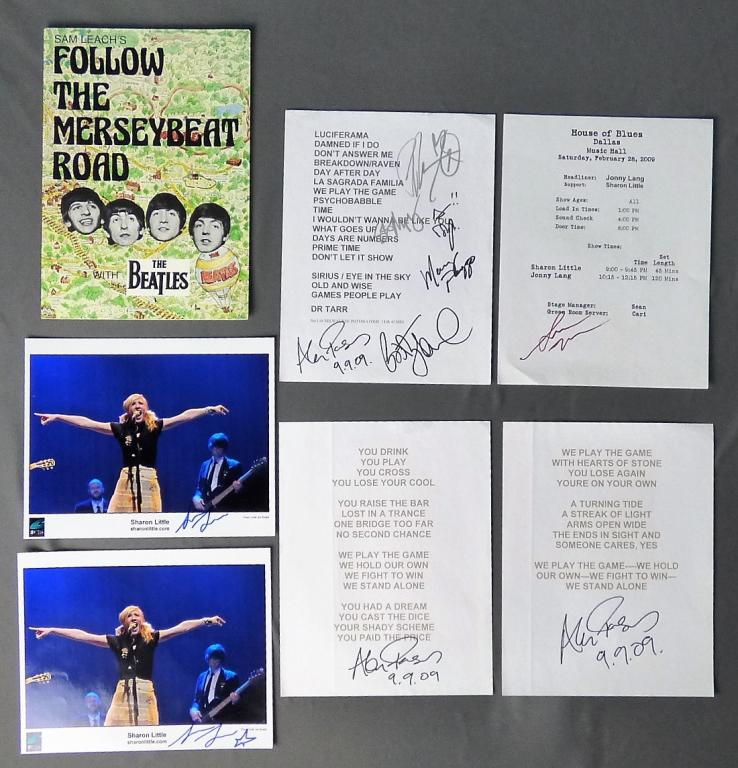Group of Celebrities Signatures/ Autographs: Group of Celebrities Signatures/ Autographs. "Follow the Merseybeat Raod. Beatles" Autographed by Sam Leach, two Autographed 8" x 10" Photographs by Sharon Little, two Autographed Alan Parson's Lyrics