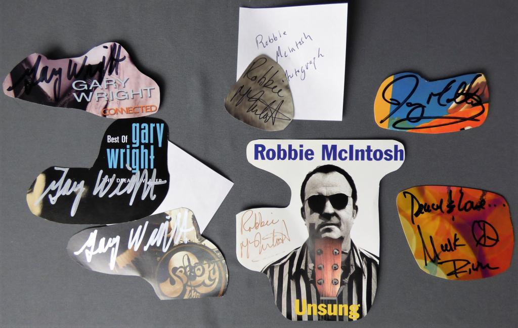 Lot of Musician Celebrities Autographes: Group of Musician Celebrities Autographs- Joey Molland "Badfinger" CD Cut, Mark Rivera Signature Cut, 3 Signature Cuts of Gary Wright "Spooky Tooth"; 2wo Robbie McIntosh Signature Cuts. Good Condition