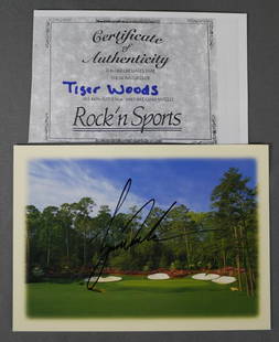 Tiger Woods Signed Golf Masters Postcard/ Card: Tiger Woods Signed/ Autographed Golf Masters Postcard/ Card. Comes with Certificate of Authenticity. Condition: Good. We truly believe that this item is authentic, but Esquis Auctions does not have sp