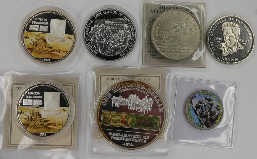 Commemorative Coins Lot: Group of Commemorative Coins- 3 Attack on Pearl Harbor; 100$ Dollars Declaration of Independance; Desert Storm; 1995 Gibraltar Elvis Presley Crown