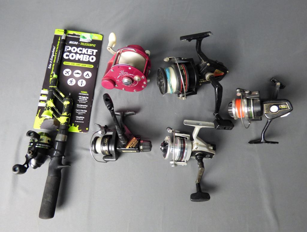 Vintage Fishing Reels & Pocket Combo Fishing Rod: Vintage Fishing Reels & Pocket Combo Fishing Telescopic Rod . Appear to be in good overall condition.
