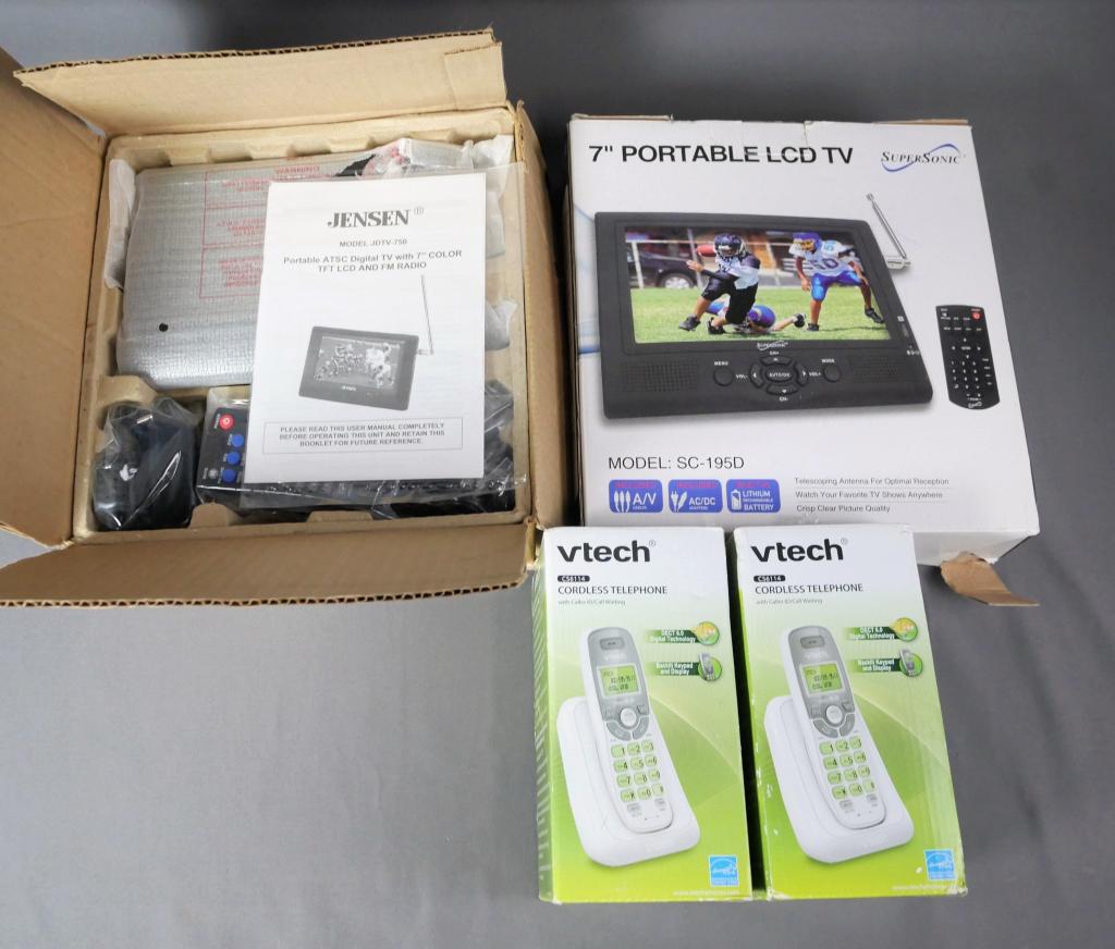 Two Portable LCD TVs/ Radios & Vtech Phones: Two Portable LCD TVs- Jensen and SuperSonic & two Vtech Cordless Telephones. All appear to be new in original boxes.
