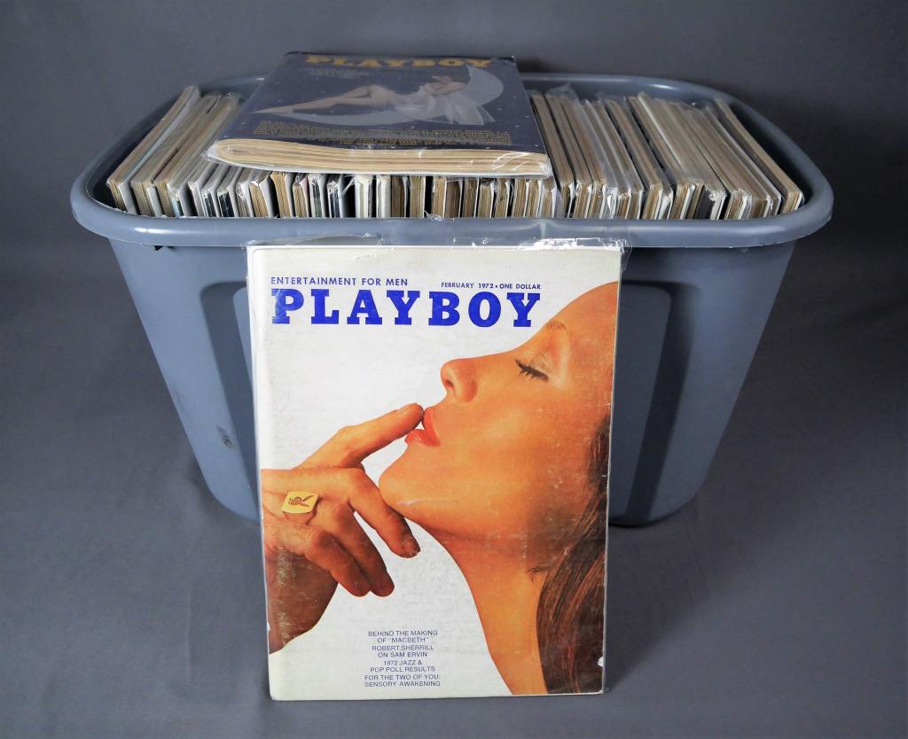 Group of Vintage Playboy Adult Magazines: Bin Full of Vintage Playboy Adult Magazines. All hand picked by previous owner because they have interviews of different famous people. Good Condition.