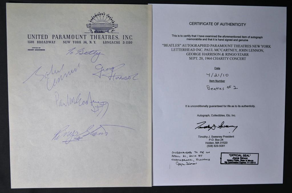 Beatles Autographed/ Signed Paramount Letterhead (1 of 7)