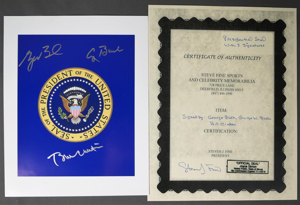 Presidential Seal w/ 3 President Signatures- Bush: Presidential Seal with 3 President Signatures- George Bush, George W. Bush and Bill Clinton. Come with Certificate of Authenticity. Condition: Good. We truly believe that this item is authentic, but E