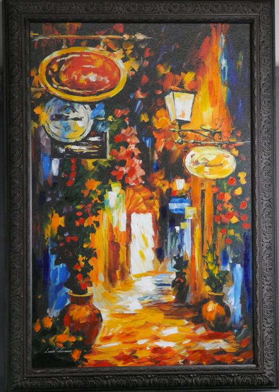 Leonid Afremov Original Recreation Oil Painting: Leonid Afremov (1955- , USA, Israel). Original Recreation Oil Painting. Signed bottom left and on verso. Measures 44" x 30" framed. Condition: Good
