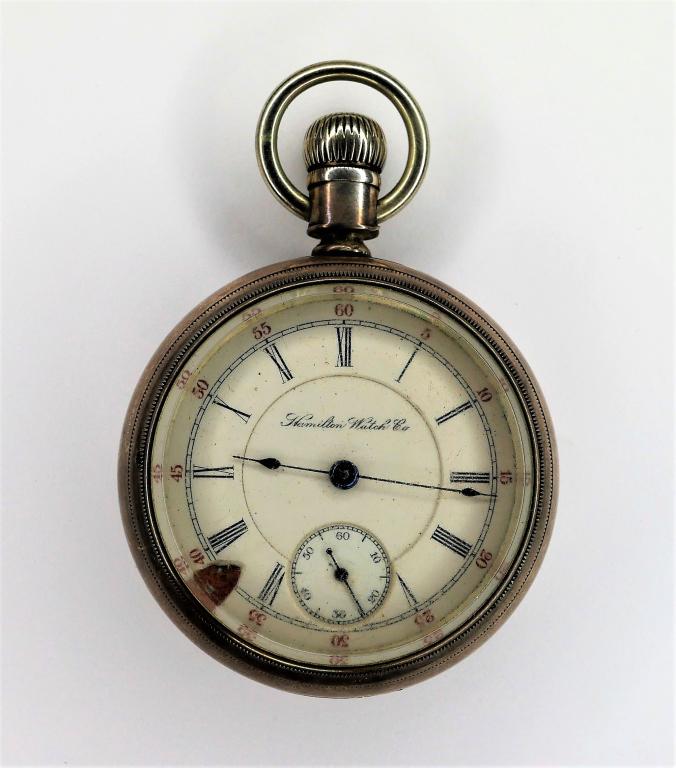 Hamilton 17 Jewels Antique Pocket Wacth Sterling C: Antique Hamilton RailRoad 17 Jewels Pocket Watch in .925 Sterling Case. Good working condition, some age related wear, one chip on eneamel dial.