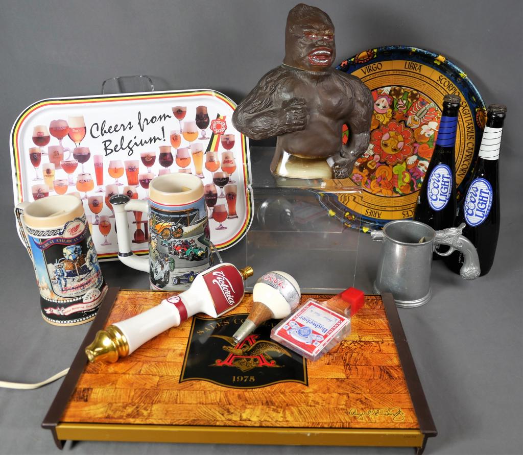 Bar/ Beer Collectibles- Trays, Steins, Tappers, Ki: Bar/ Beer Collectibles including Trays, Beer Steins, Beer Tappers, 1976 King Kong Whisky Decanter (empty), 2 Coors Light LE Baseball Beer Bottles (Sealed), Anheuser Busch 1975 Sales Convention Warming