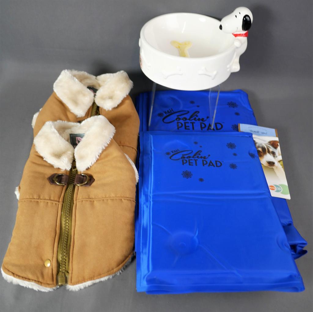 Dog Lovers Lot- Dogo Jackets, Cool Pads, Bone Bowl: Dog Lovers Lot- Dogo Jackets, Cool Pads, Snoopy Milk Bone Bowl.