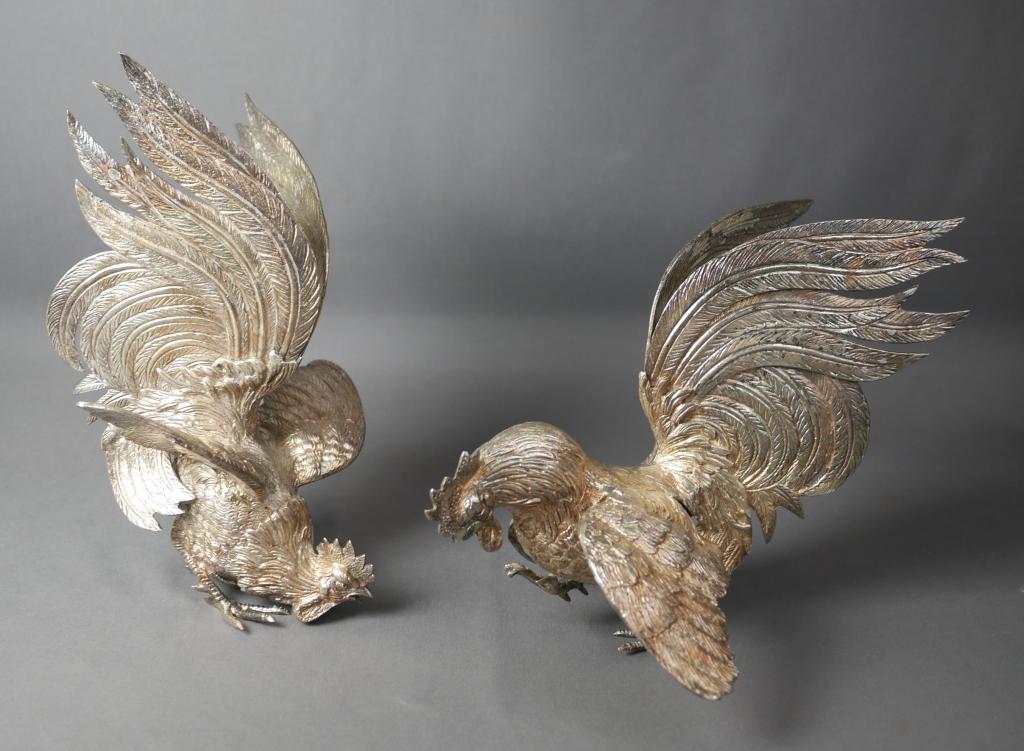 Pair of Ornate Silver Plated Fighting Roosters (1 of 8)