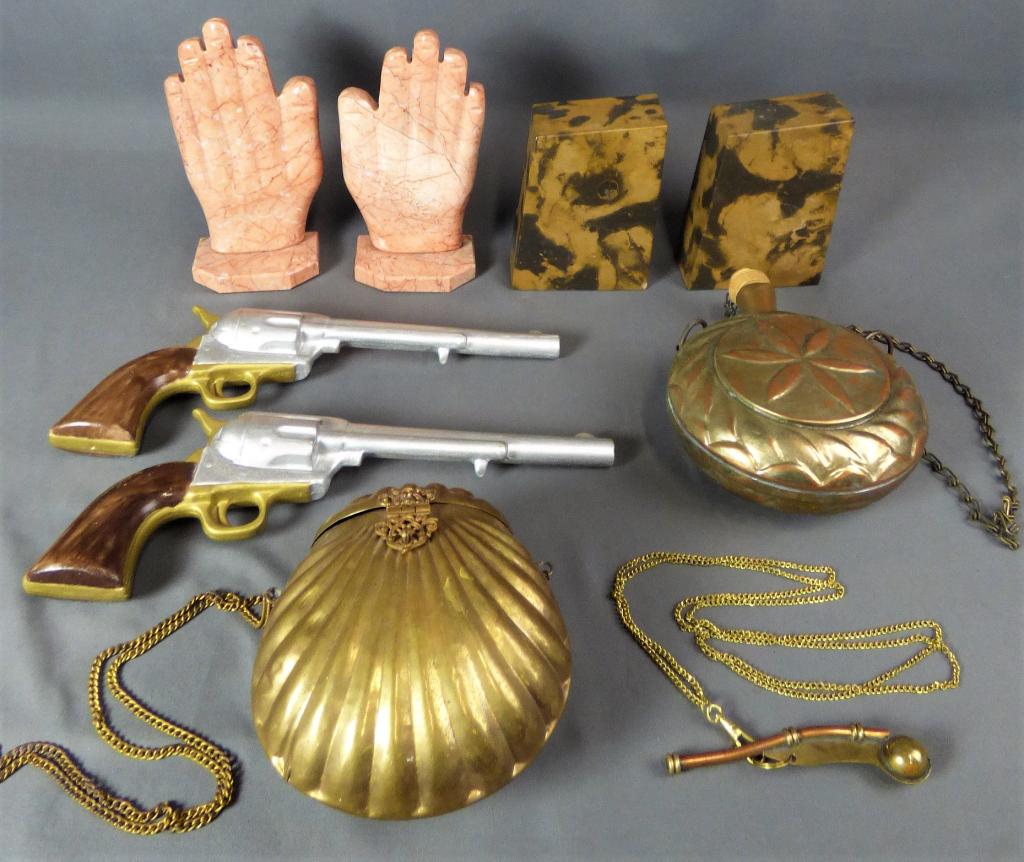 Antique Brass Purse, Boatswain Whistle, Bookends (1 of 12)