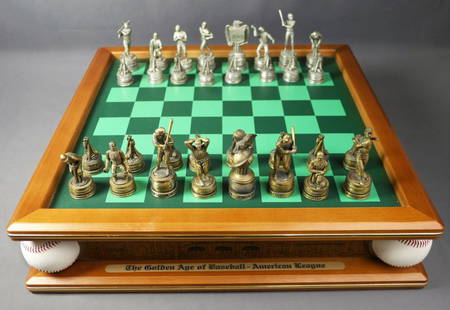 1994 Sporting News Golden Age Baseball Chess Set: "Golden Age of Baseball- American League VS National League. " Limited Edition Pewter Chess Set by Longton Crown 1994 Sporting News with Sealed HoF Copperstown Player Cards. American League- Jimmie Fo