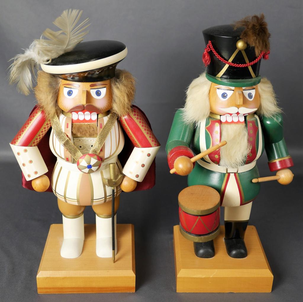 German EM Merck Wood Carved Christmas Nutcrackers: German Old World Christmas Collection E.M. Merck Wood Carved Christmas Nutcrackers. 12" tall. Good Condition.