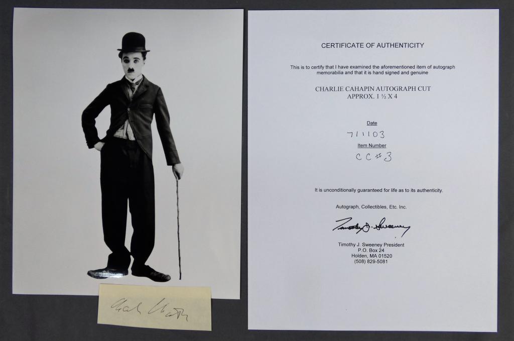 Charlie Chaplin Signature/ Autograph w/ COA: Charlie Chaplin Autograph cut with 8" x 10" Photograph. Comes with Certificate of Authenticity. Condition: Good. We truly believe that this item is authentic, but Esquis Auctions does not have special